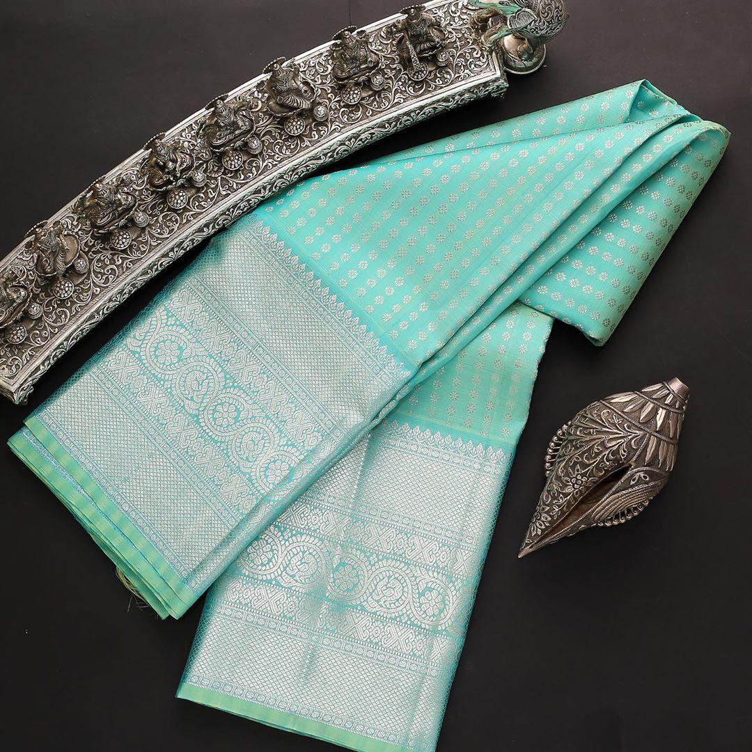 Elegant Aqua Soft Lichi Silk Saree with Rich Silver Jacquard Pallu