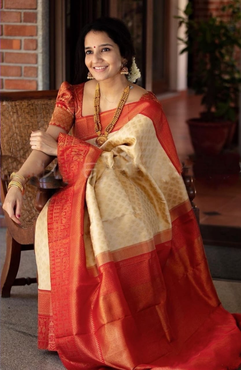 Royal Cream & Red Soft Lichi Silk Saree – Traditional Jacquard Festive Wear