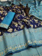 Royal Navy Blue Soft Lichi Silk Saree with Aqua Jacquard Border