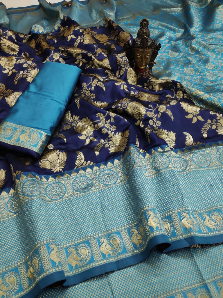 Royal Navy Blue Soft Lichi Silk Saree with Aqua Jacquard Border