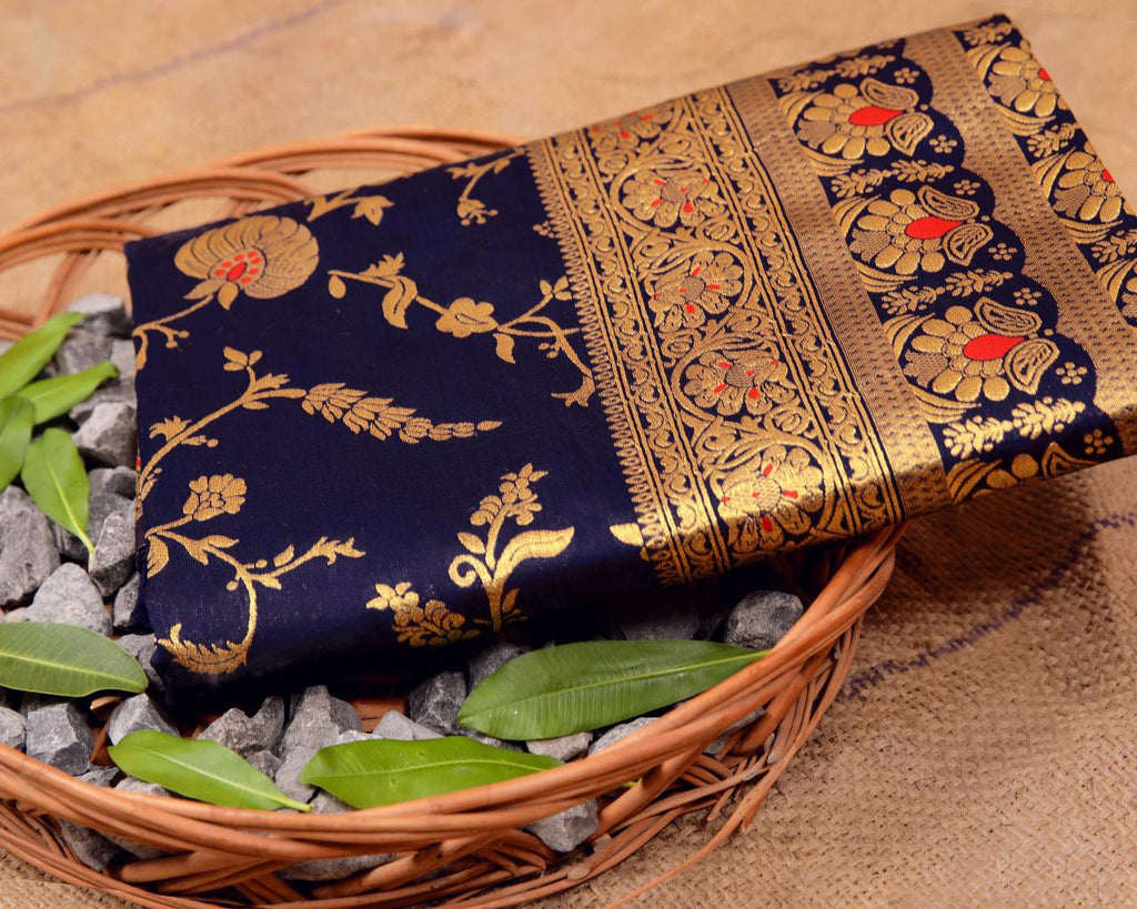 Royal Black Soft Lichi Silk Saree with Original Gold Zari Weaving