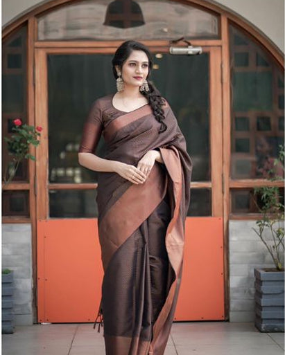 Classic Chocolate Soft Lichi Silk Saree with Rich Jacquard Pallu & Zhalar