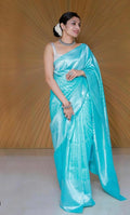 Elegant Aqua Soft Lichi Silk Saree with Rich Silver Jacquard Pallu
