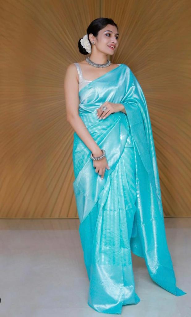 Elegant Aqua Soft Lichi Silk Saree with Rich Silver Jacquard Pallu