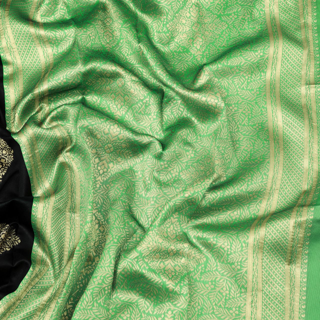 Royal Black Soft Lichi Silk Saree with Parrot Green Jacquard Border