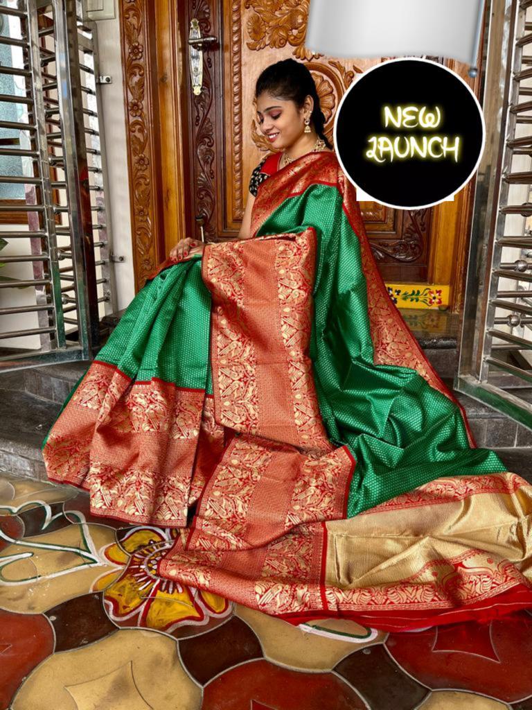 Royal Green Soft Lichi Silk Saree with Rich Golden Jacquard Pallu